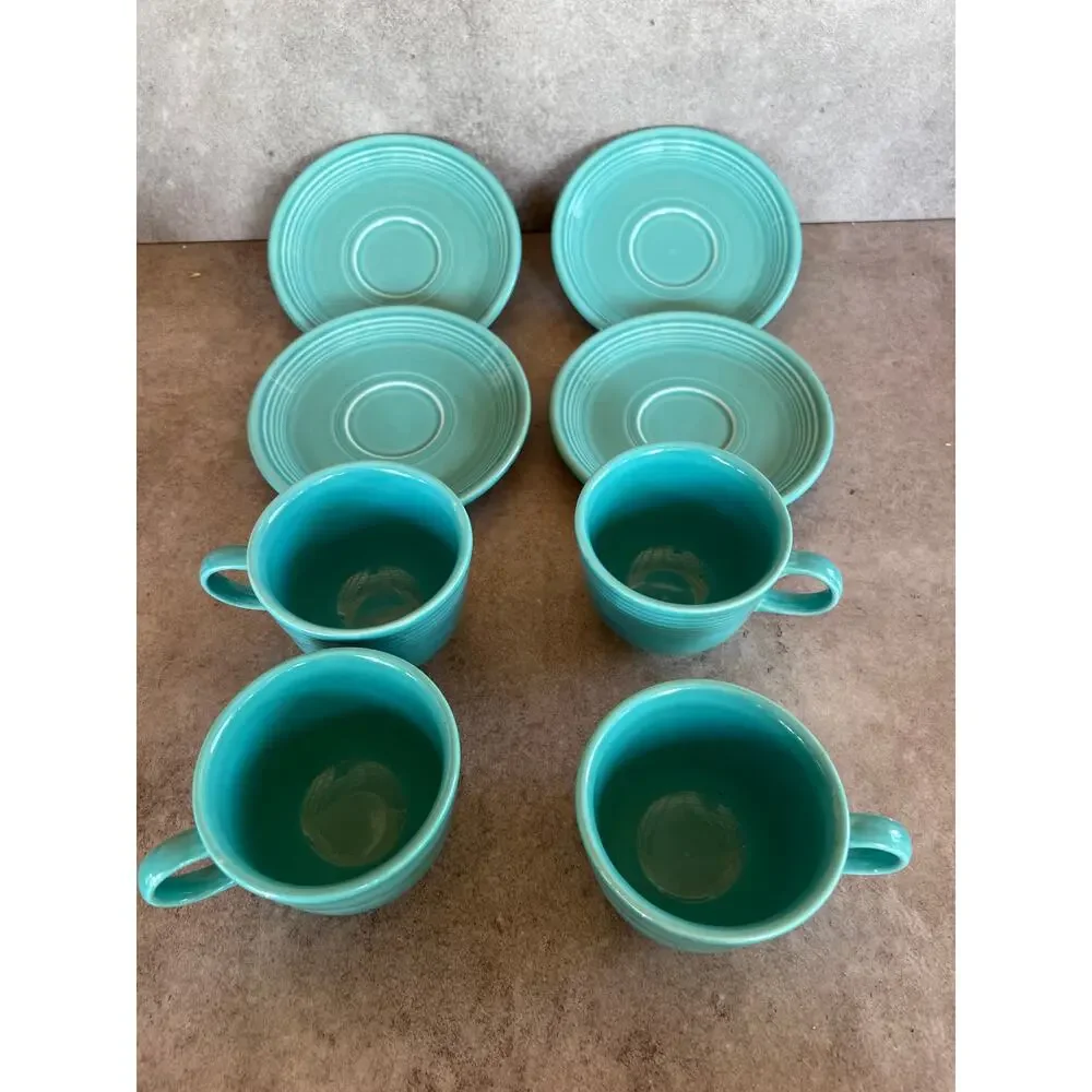 Fiestaware vintage turquoise blue teacup & saucer plate set lot 8 pieces aqua